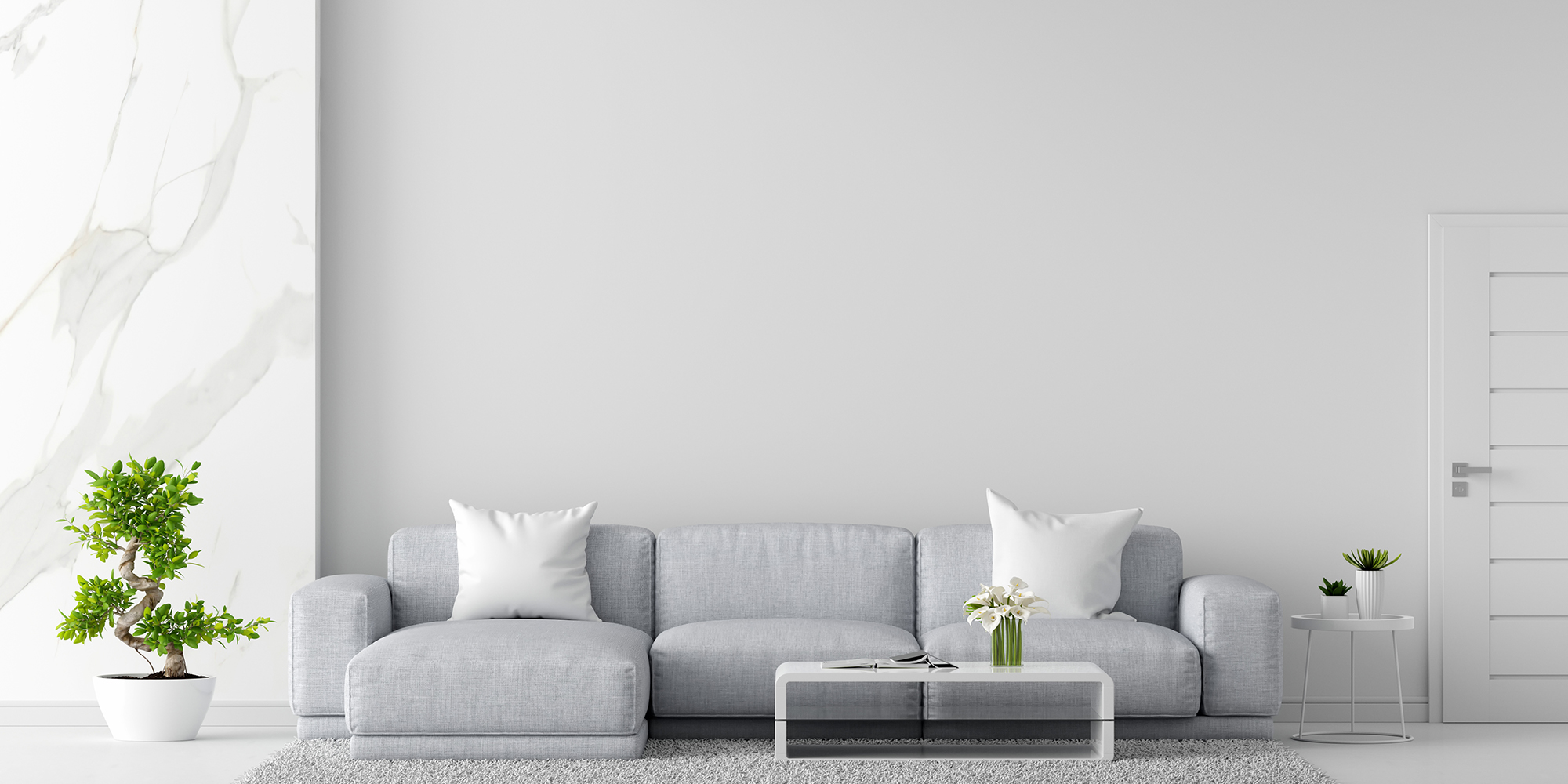 Gray sofa in white living room interior with copy space, 3D rendering