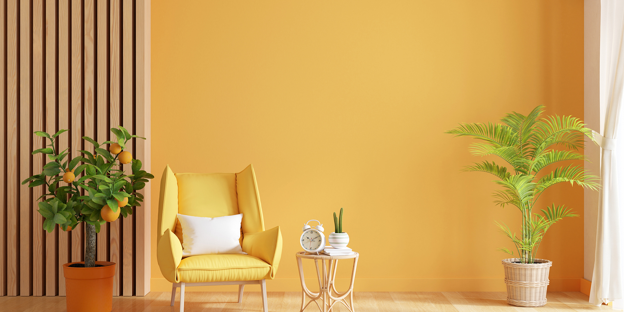 Yellow armchair in living room interior with copy space for mock up, 3D rendering